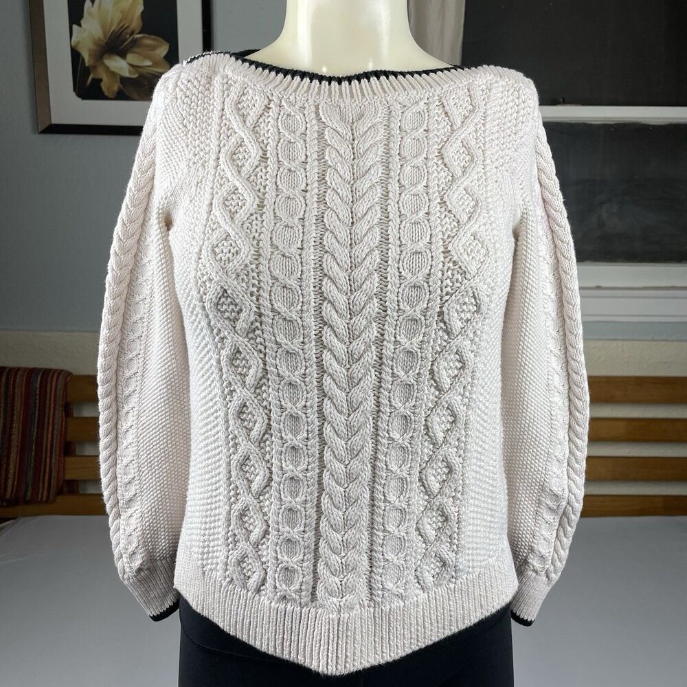 J. Crew Boat Neck Cable-Knit Sweater Women’s XS Cream Black Trim Preppy Basic